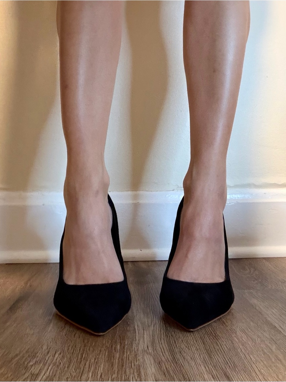 Charlotte Stone Black Suede Pumps with Sculpted Wood-Tone Heel - Picture 2 of 5
